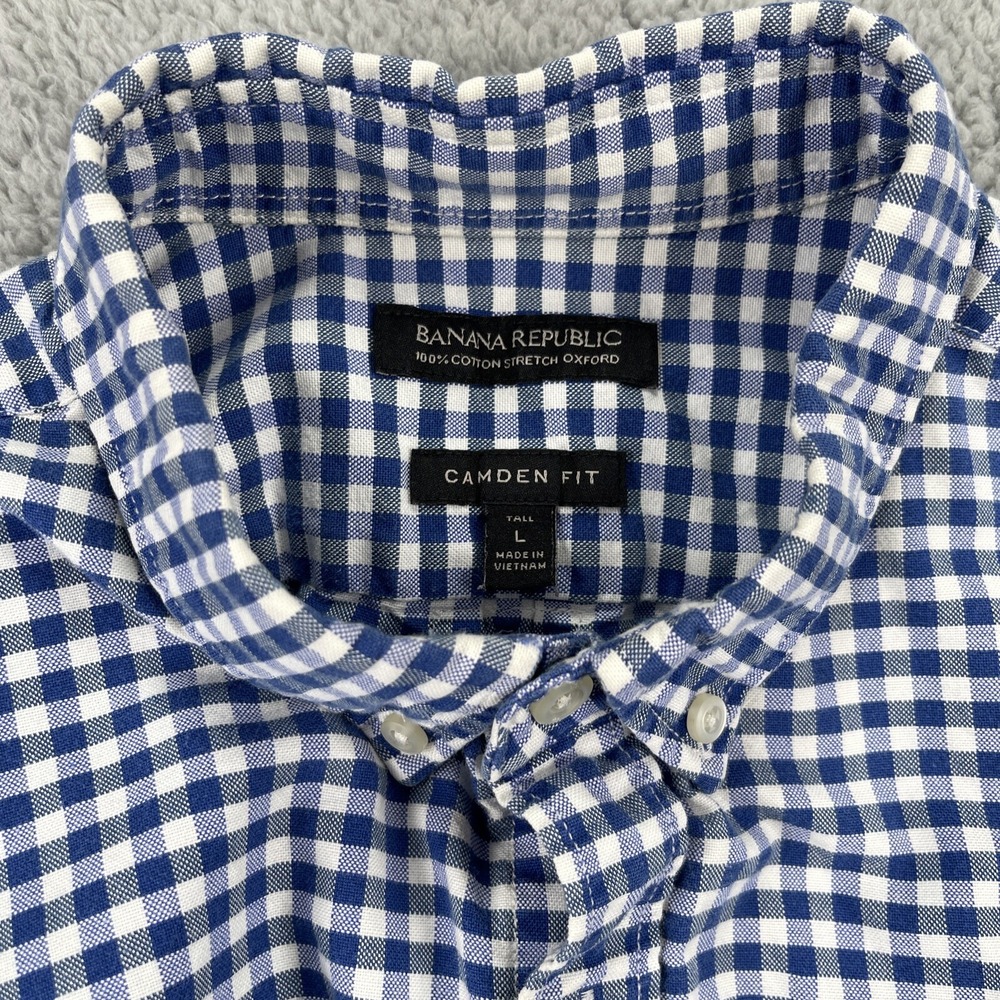 Banana Republic Shirt Mens Large Gingham Camden Fit Stretch Oxford Button Blue